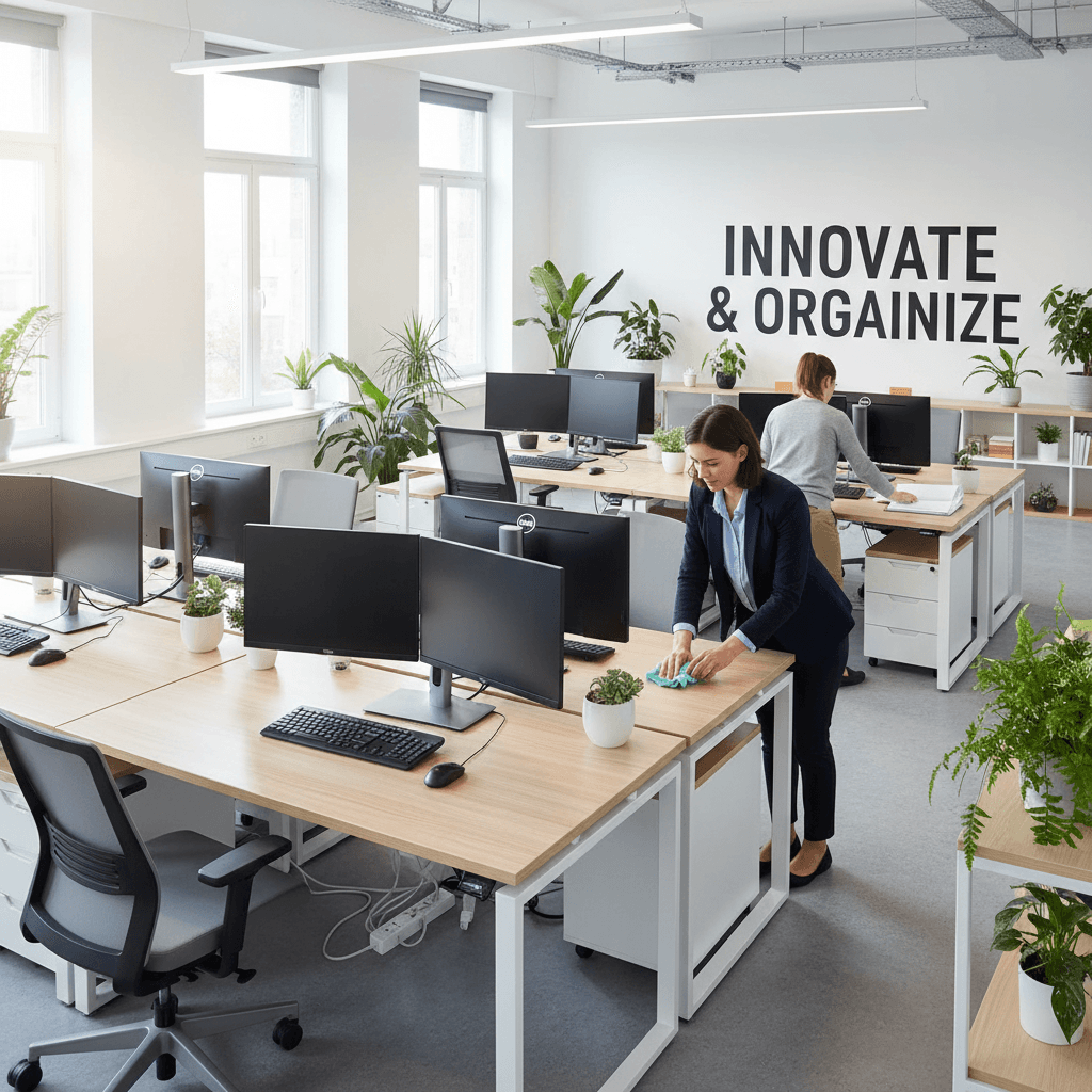 Professional cleaning and organization of a modern office workspace