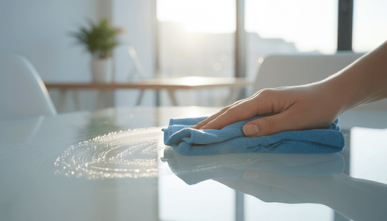 Professional cleaner polishing a glass surface with microfiber cloth in bright natural light